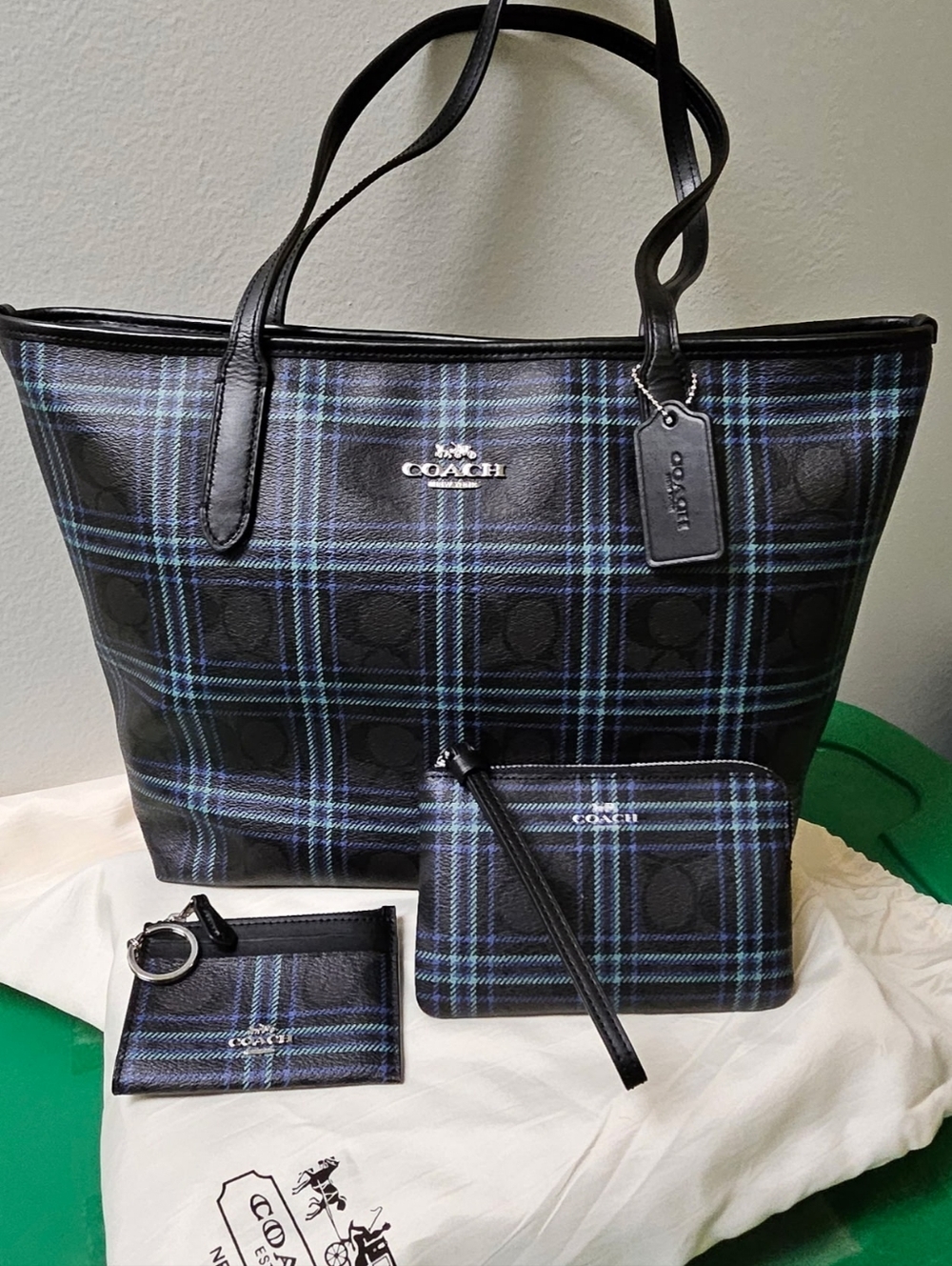 Coach Black and Blue Plaid Tote with Matching Wristlet and Card Case